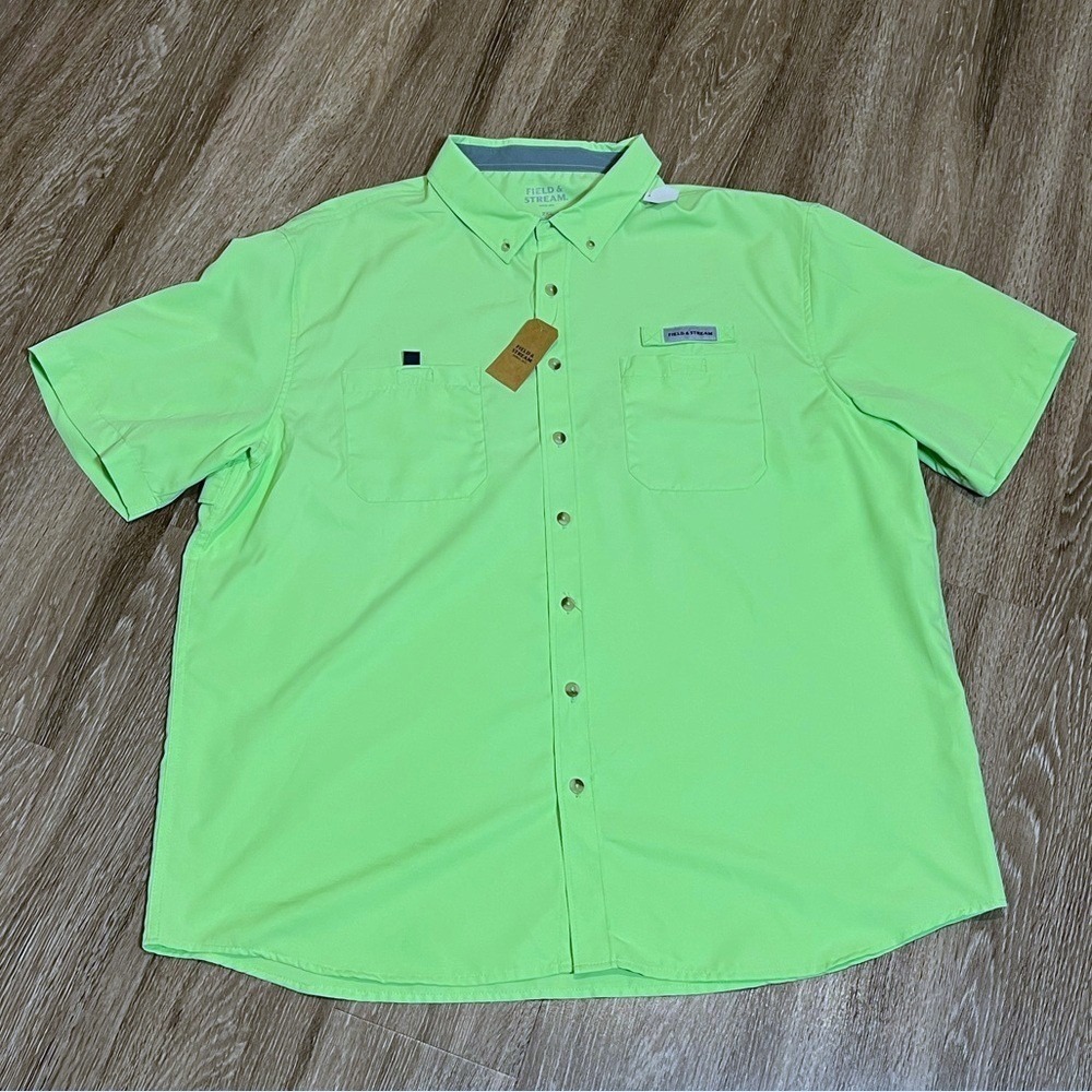 Field & Stream Mens 2XL Fishing Shirt Neon Green‎ Short Sleeve UPF 30 Ventilated